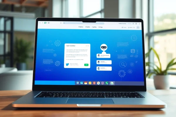 Engage with a dynamic website chatbot interface on a modern laptop screen in a professional setting.