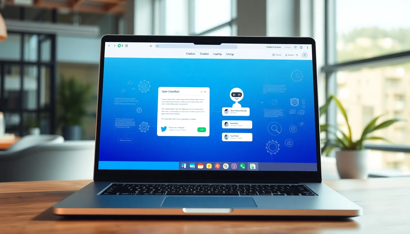Engage with a dynamic website chatbot interface on a modern laptop screen in a professional setting.
