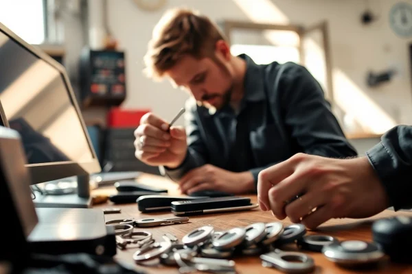 Exemplary locksmith crafting precise replacement car keys with professional tools.