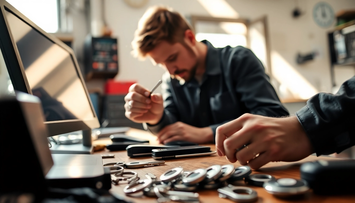 Exemplary locksmith crafting precise replacement car keys with professional tools.