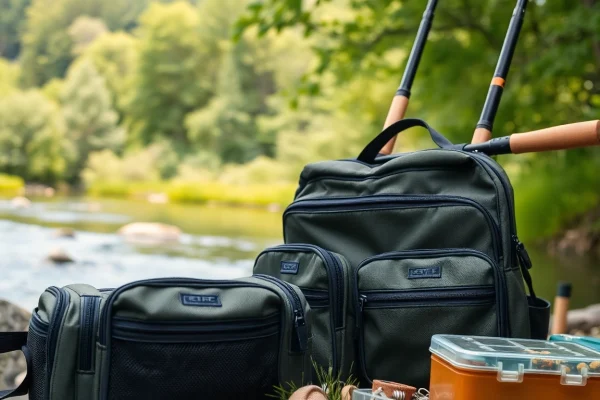 Angler using a fly fishing bag equipped with multiple compartments in a serene riverside setting.
