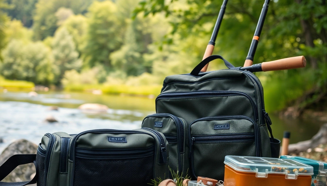 Angler using a fly fishing bag equipped with multiple compartments in a serene riverside setting.