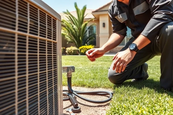 Expert AC repair service in Mesa AZ with a technician working on an air conditioning unit.
