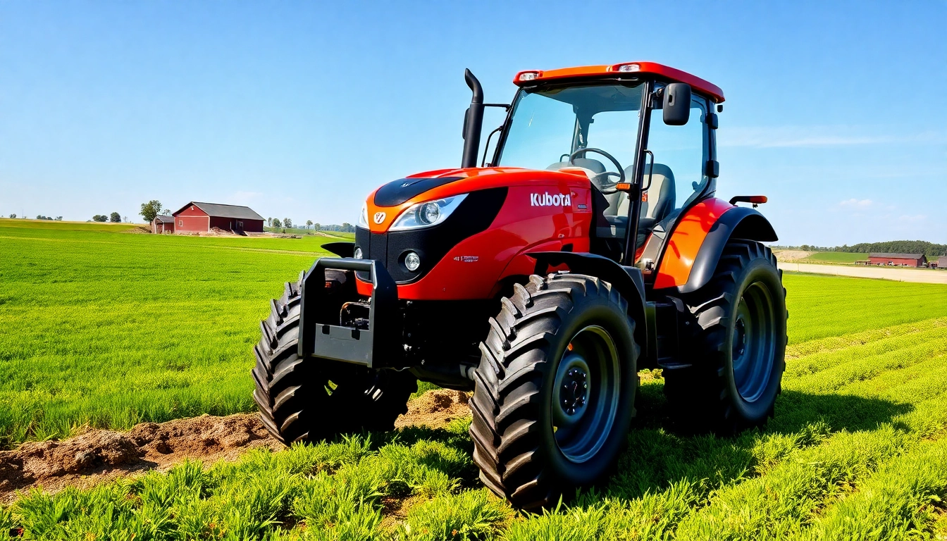 Kuboata Traktor im lebhaften Feld mit klarem Himmel und energiegeladenem Arbeitsumfeld.