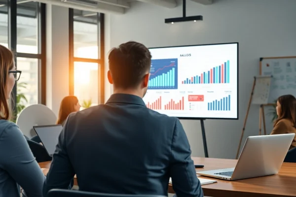Analyze competitive intelligence with a team using data visualizations in a modern office.