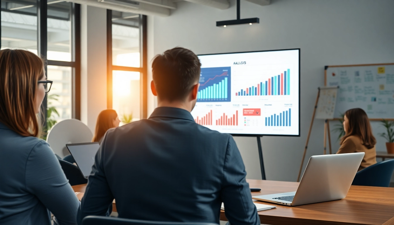 Analyze competitive intelligence with a team using data visualizations in a modern office.