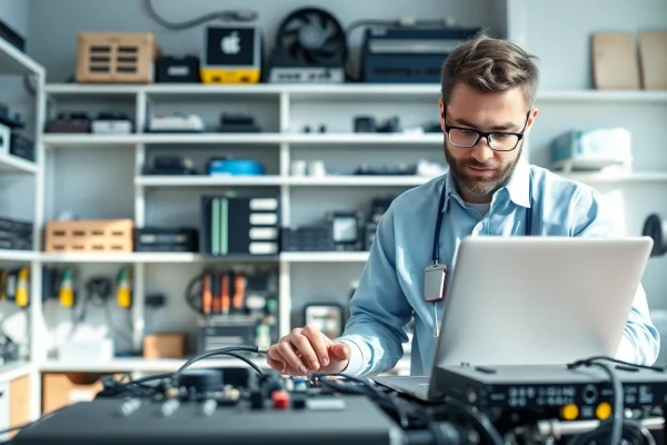Providing expert computer services with a technician focused on repair work in a bright workshop.