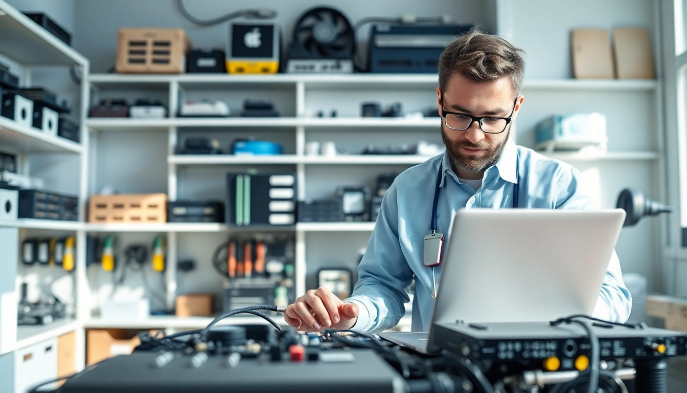Providing expert computer services with a technician focused on repair work in a bright workshop.