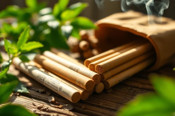 Hemp cigarettes elegantly displayed on a wooden table with natural herbs and soft leaves.