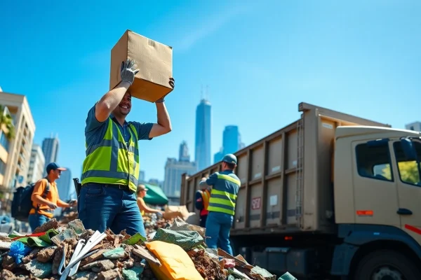 Efficient Same Day Rubbish Removal team loading waste into a truck in a busy urban setting.