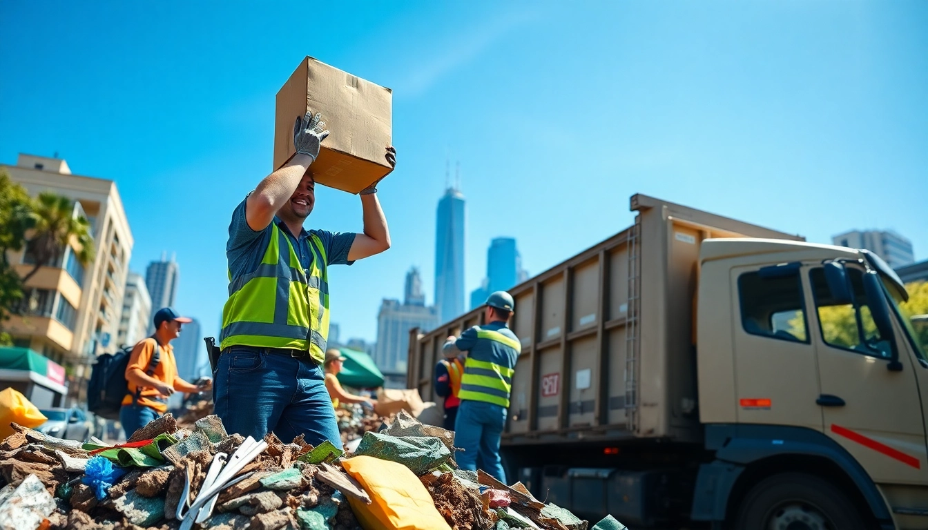 Efficient Same Day Rubbish Removal team loading waste into a truck in a busy urban setting.
