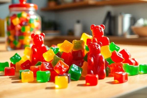 Delicious Branded Gummy Bears displayed in vibrant colors on a wooden table, enticing candy lovers.