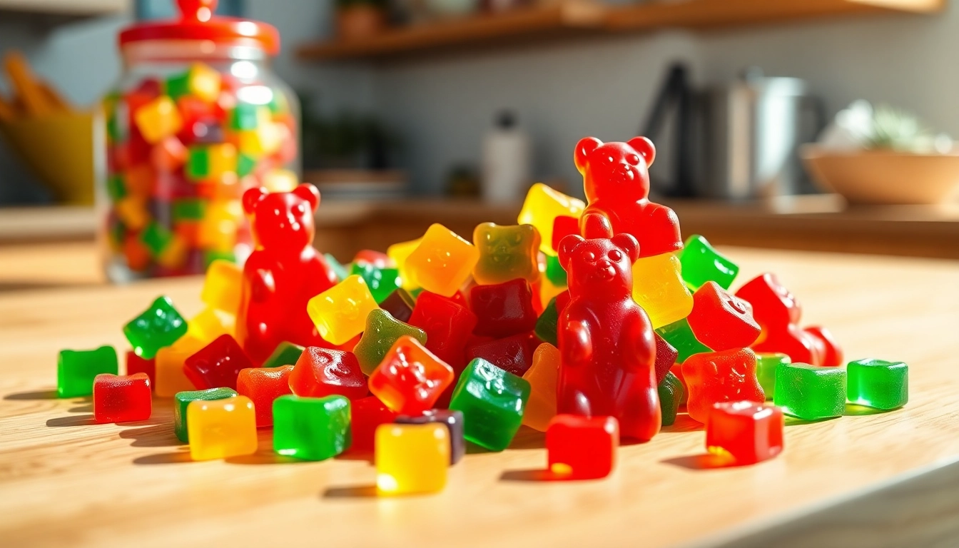Delicious Branded Gummy Bears displayed in vibrant colors on a wooden table, enticing candy lovers.