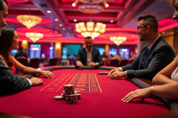 Experience the thrilling ambiance of TPower casino with engaging players at a live blackjack table.