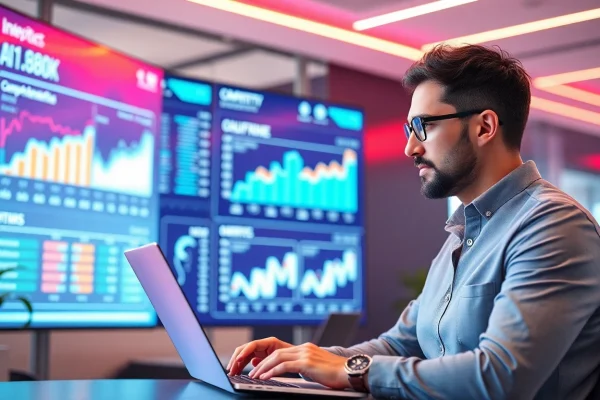 Engaging AI prompts for competitor analysis in a high-tech office setting.