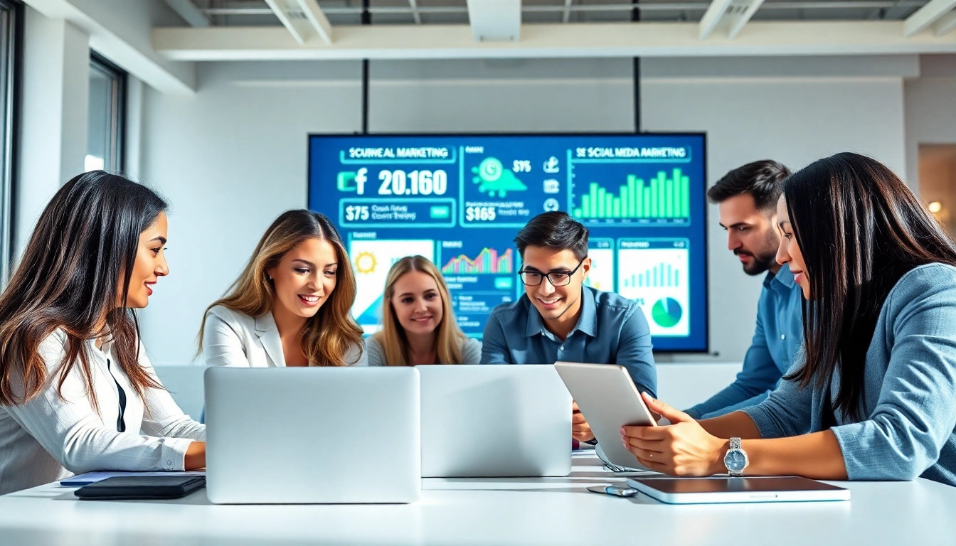 Engaged social media marketing companies Edmonton professionals strategizing growth in a bright office.