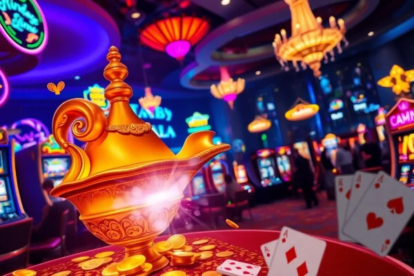 Experience the thrilling Golden genie casino with a vibrant genie and glamorous casino elements.