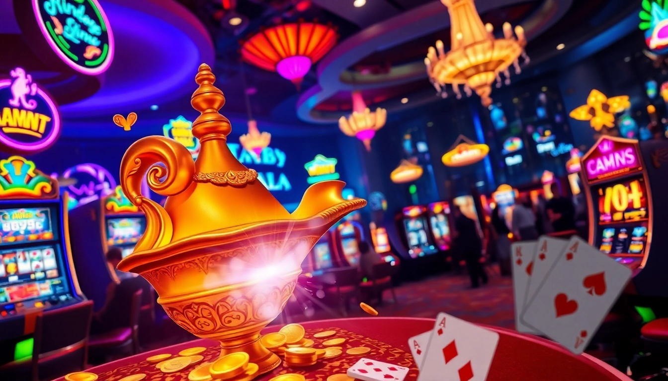 Experience the thrilling Golden genie casino with a vibrant genie and glamorous casino elements.