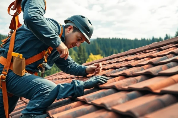 Skilled dakdekker hoenderloo installing roof tiles with precision on a sunny day.
