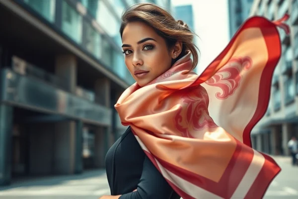 Stylish woman wearing colorful scarves for women in an urban setting, showcasing fashion flair.