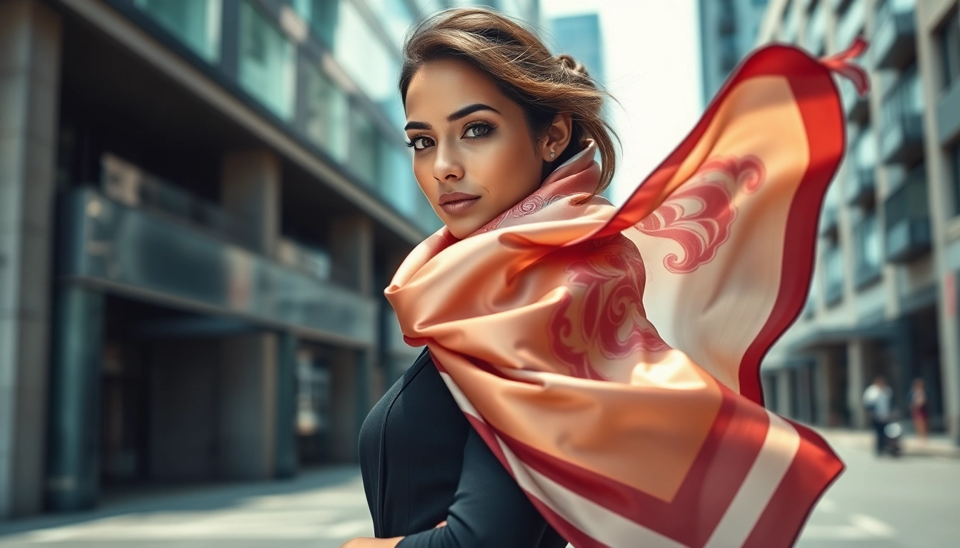 Stylish woman wearing colorful scarves for women in an urban setting, showcasing fashion flair.