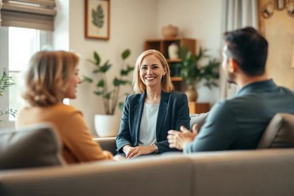 Engaging relationship coach conducts a session with a couple in a cozy office environment.