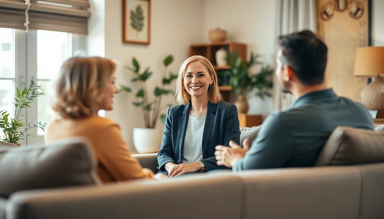 Engaging relationship coach conducts a session with a couple in a cozy office environment.