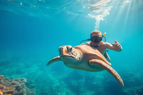 Diver interacts with a turtle snorkel, showcasing vibrant coral reefs in turquoise waters.
