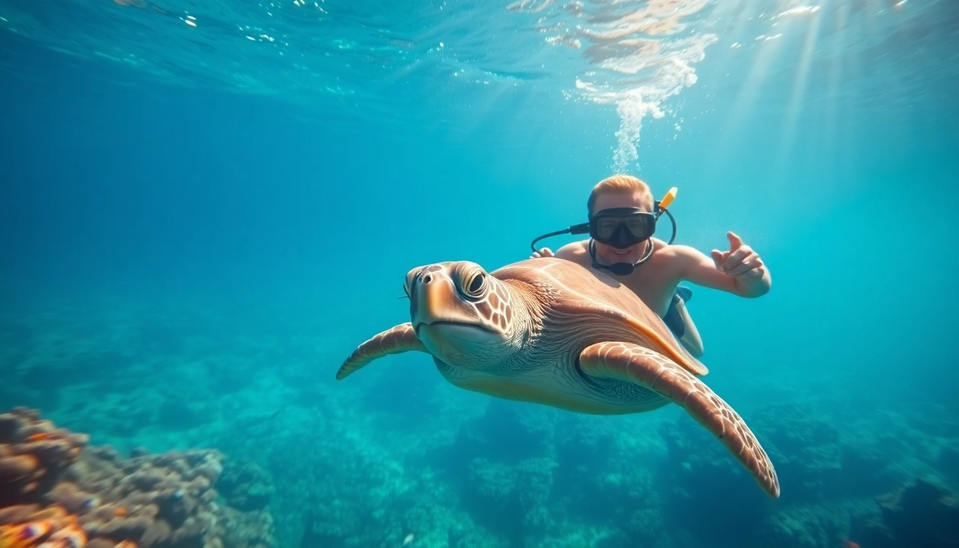 Diver interacts with a turtle snorkel, showcasing vibrant coral reefs in turquoise waters.