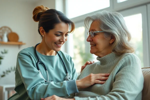 Caring interaction between senior caregivers austin tx and an elderly client in a cozy home.