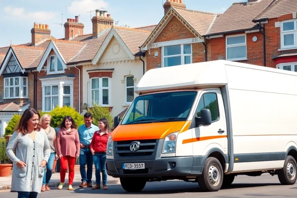 Engaging scene featuring removal companies east London with a professional moving van and happy families.