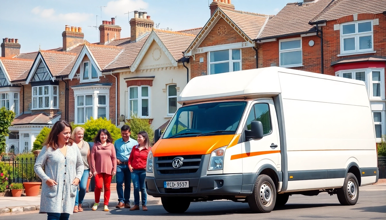 Engaging scene featuring removal companies east London with a professional moving van and happy families.