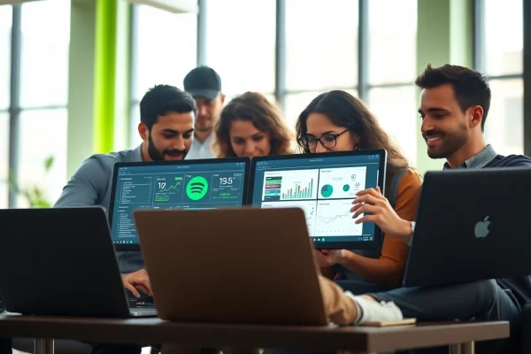 Team collaborating on effective Spotify promotion strategies in a vibrant office.