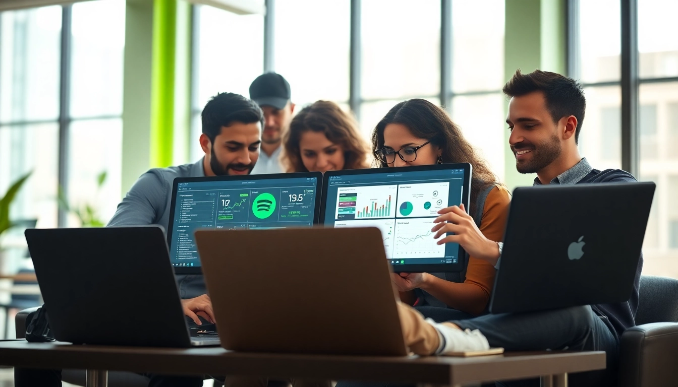 Team collaborating on effective Spotify promotion strategies in a vibrant office.