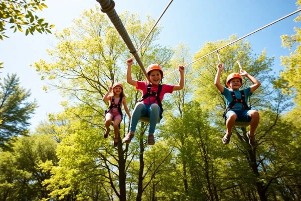 Family excitingly using ZIP WIRE KITS while soaring through a forest, promoting adventure and joy.