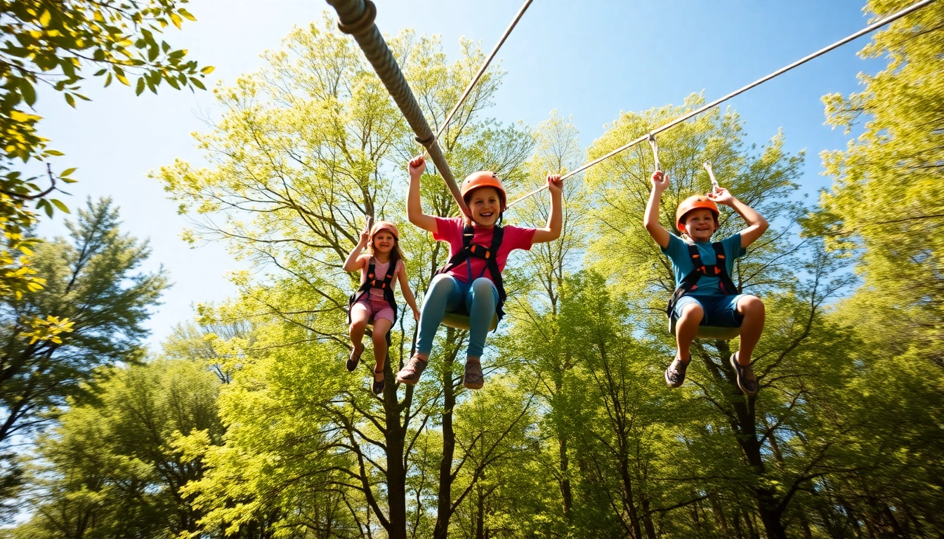 Family excitingly using ZIP WIRE KITS while soaring through a forest, promoting adventure and joy.
