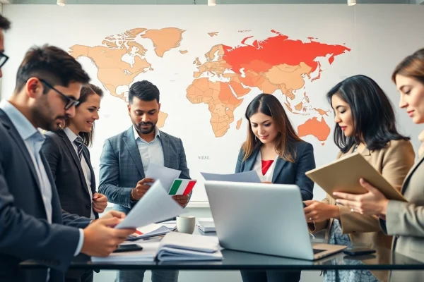 Export agents discussing trade deals in a modern office setting with global symbols.