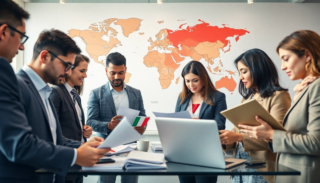 Export agents discussing trade deals in a modern office setting with global symbols.
