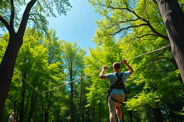 Engaged user preparing for an adventure with a ZIP WIRE KIT in a scenic forest.