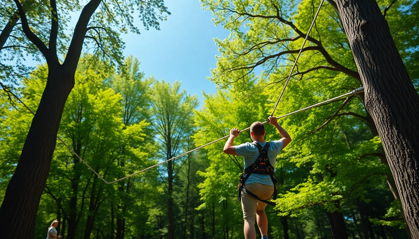 Engaged user preparing for an adventure with a ZIP WIRE KIT in a scenic forest.