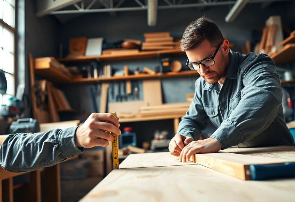 Learn about carpentry apprenticeship near me with a skilled carpenter measuring wood.