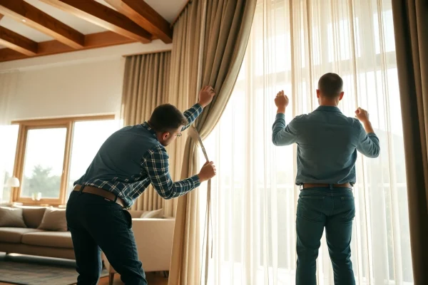 Skilled curtain fitters expertly installing premium curtains in a well-designed interior.