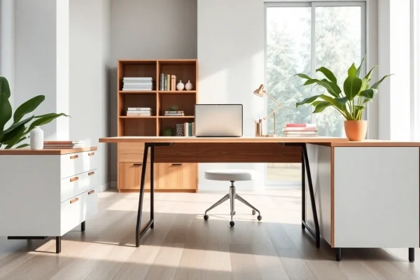 Schreibtisch Schrank in einem modernen Homeoffice mit hellen Lichtverhältnissen.