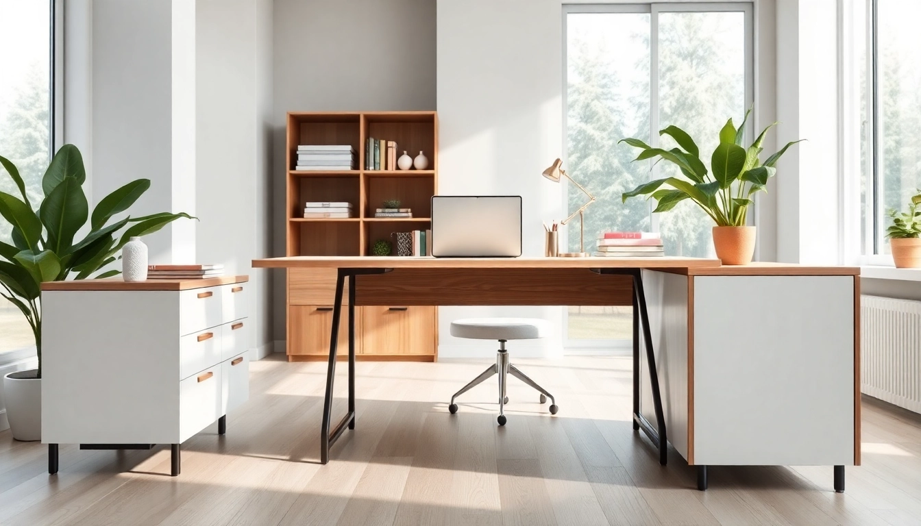 Schreibtisch Schrank in einem modernen Homeoffice mit hellen Lichtverhältnissen.