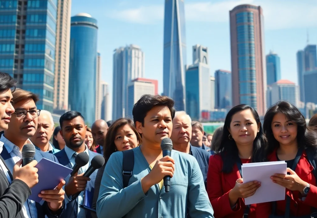 Journalists capturing live world news in a bustling urban setting, showcasing diverse voices and perspectives.