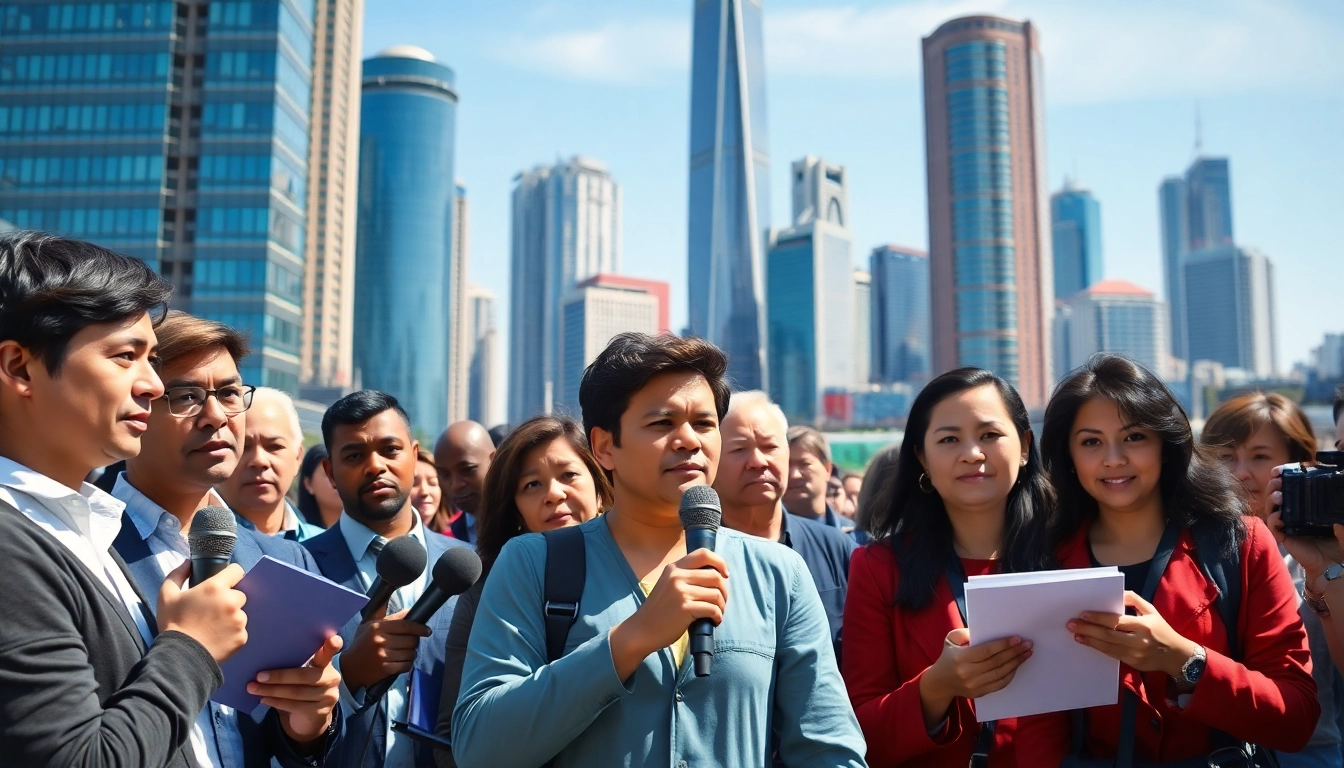 Journalists capturing live world news in a bustling urban setting, showcasing diverse voices and perspectives.