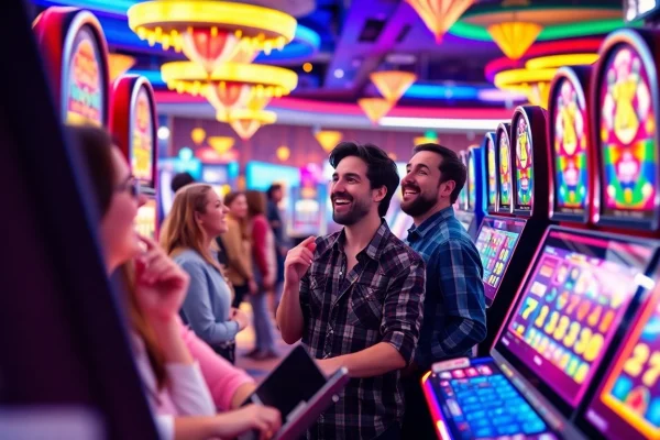 Experience the excitement of pgslot with vibrant machines and joyful players in an energetic casino environment.