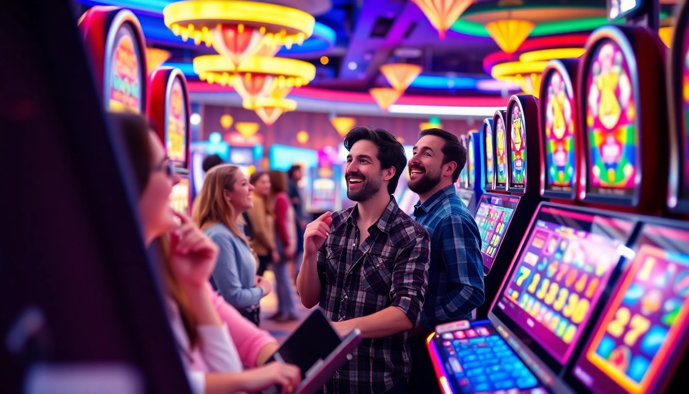 Experience the excitement of pgslot with vibrant machines and joyful players in an energetic casino environment.