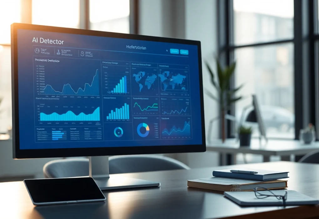 Analyze text with the advanced ai detector interface in a modern office setting.