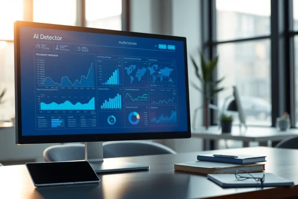 Analyze text with the advanced ai detector interface in a modern office setting.